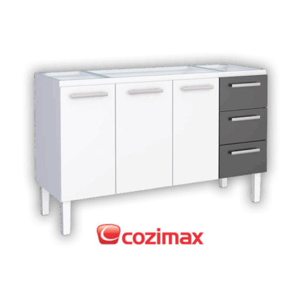 Gabinete Cozinha Aço Para Pia 150cm Vênus flat 3 gavetas branco/preto